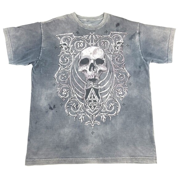 Vintage Y2K Affliction Skull Fade Grunge Biker Gray T Shirt Distressed Mens L - Picture 1 of 5